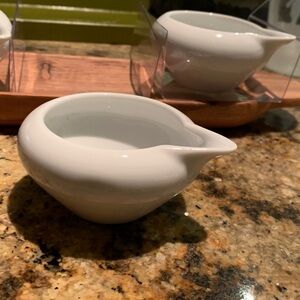 2003 Crate & Barrel Wooden Server W/ 4 White Porcelain Bowls Sagaform
